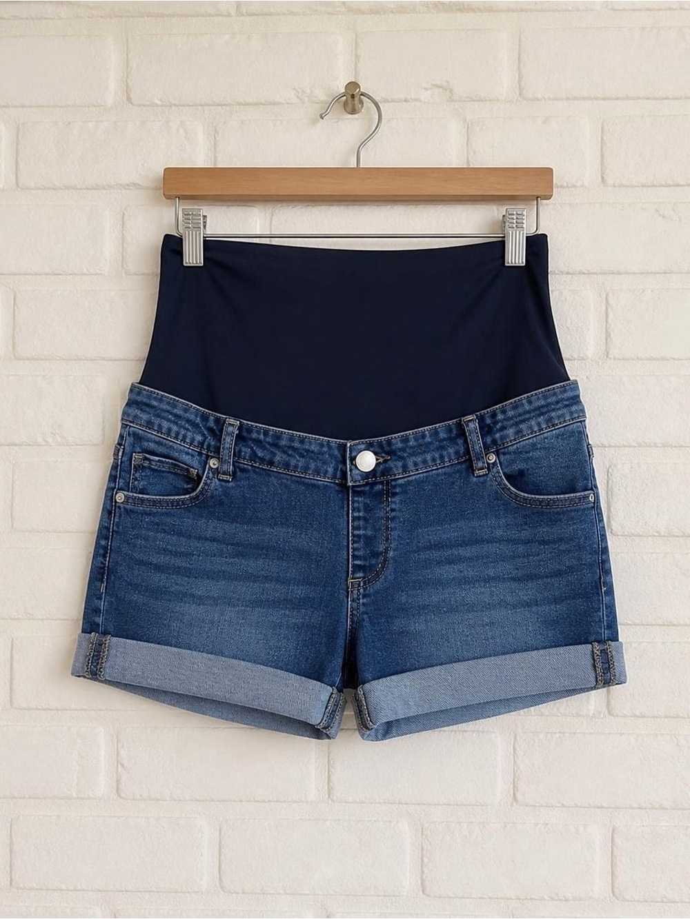 Time and Tru Blue Denim Maternity Shorts with Navy Support Panel